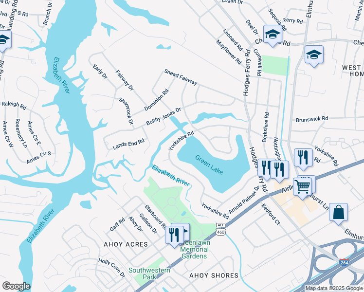 map of restaurants, bars, coffee shops, grocery stores, and more near 131 Yorkshire Road in Portsmouth