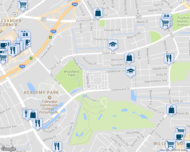 map of restaurants, bars, coffee shops, grocery stores, and more near 330 Sedium Lane in Portsmouth