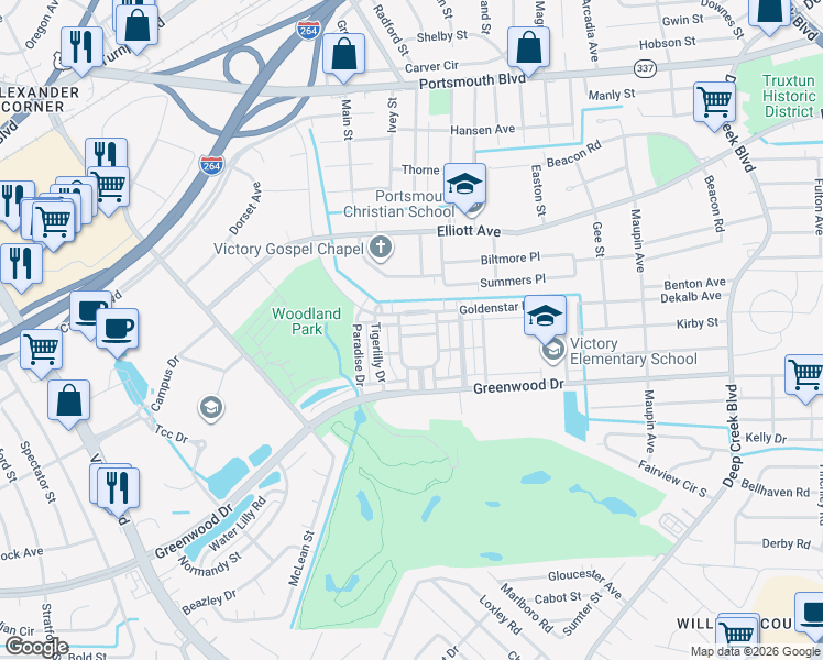 map of restaurants, bars, coffee shops, grocery stores, and more near 329 Goldenstar Lane in Portsmouth