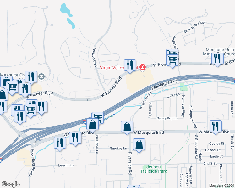 map of restaurants, bars, coffee shops, grocery stores, and more near 840 West Pioneer Boulevard in Mesquite