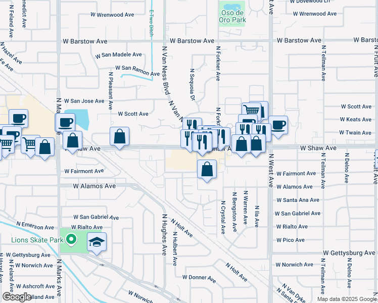 map of restaurants, bars, coffee shops, grocery stores, and more near 2305 West Shaw Avenue in Fresno