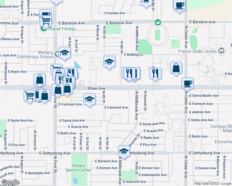 map of restaurants, bars, coffee shops, grocery stores, and more near 1385 East Shaw Avenue in Fresno