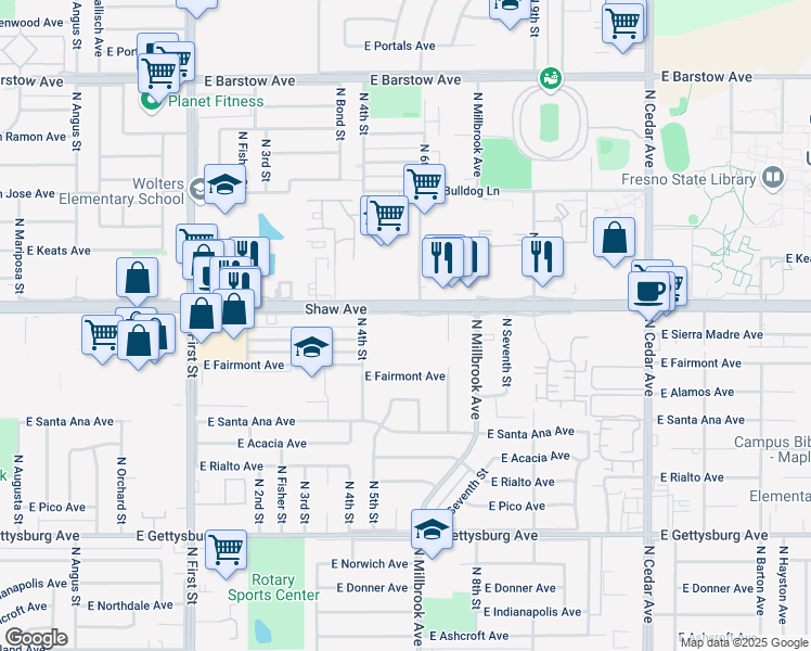 map of restaurants, bars, coffee shops, grocery stores, and more near 1385 East Shaw Avenue in Fresno