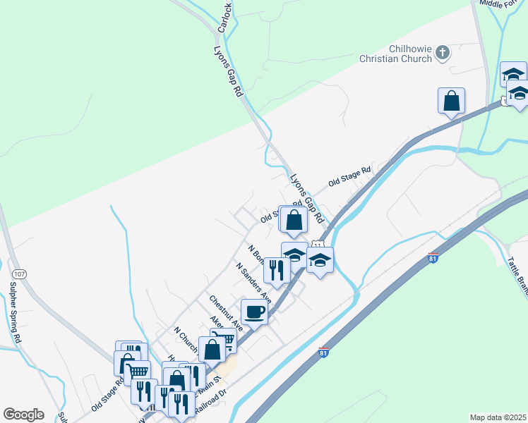 map of restaurants, bars, coffee shops, grocery stores, and more near 1211 Old Stage Road in Chilhowie