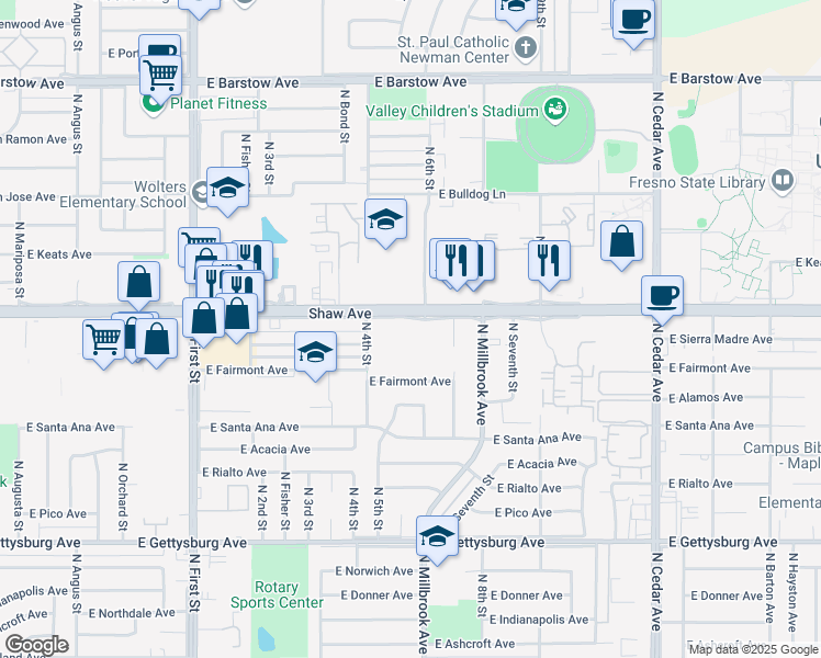 map of restaurants, bars, coffee shops, grocery stores, and more near 1333 E Shaw Ave in Fresno