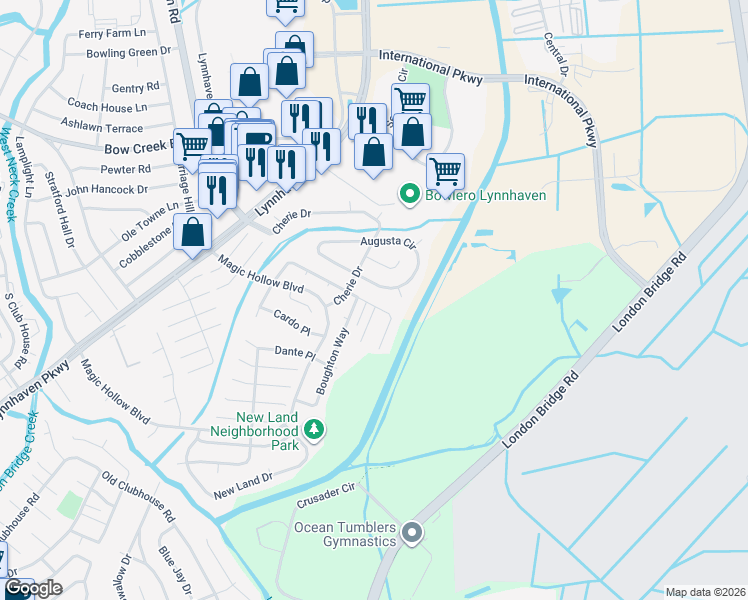 map of restaurants, bars, coffee shops, grocery stores, and more near 2865 Augusta Circle in Virginia Beach