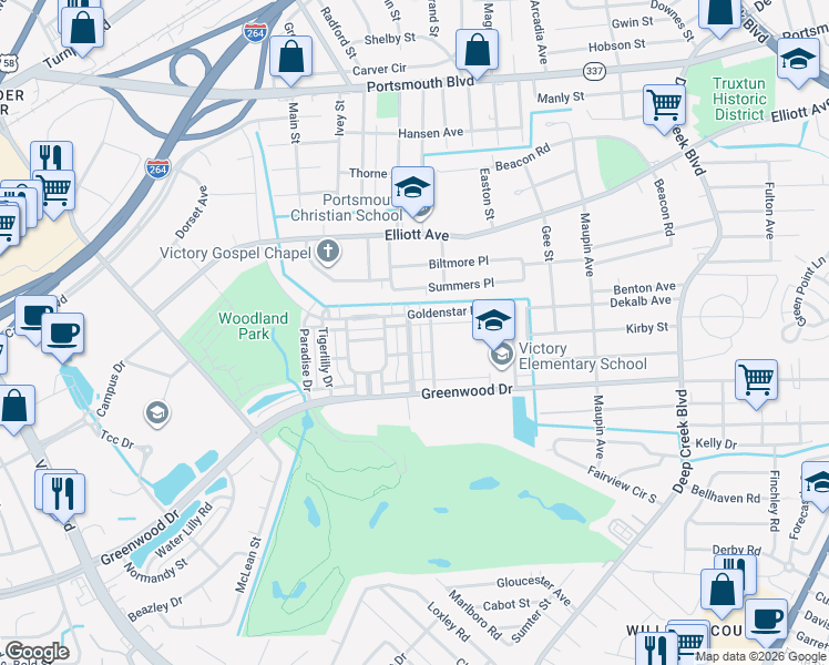 map of restaurants, bars, coffee shops, grocery stores, and more near 291 Goldenstar Lane in Portsmouth