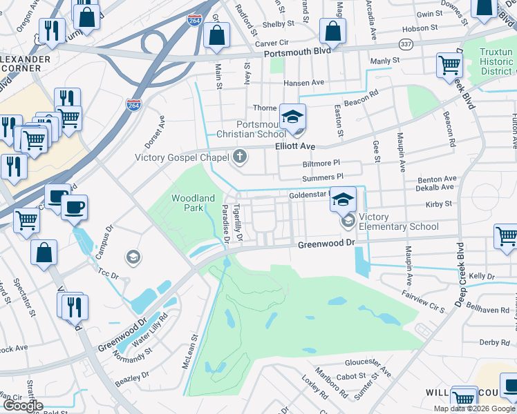 map of restaurants, bars, coffee shops, grocery stores, and more near 329 Goldenstar Lane in Portsmouth