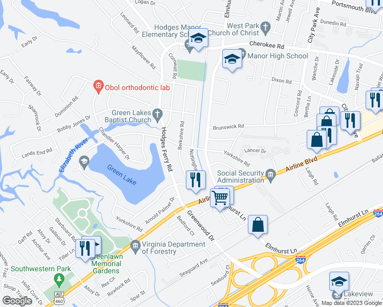map of restaurants, bars, coffee shops, grocery stores, and more near 702 Nottingham Road in Portsmouth