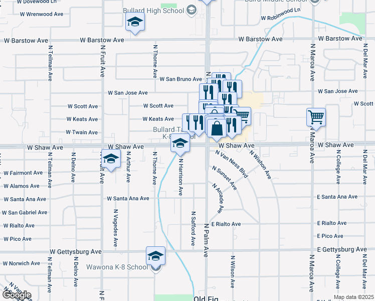 map of restaurants, bars, coffee shops, grocery stores, and more near 1054 W Shaw Ave in Fresno