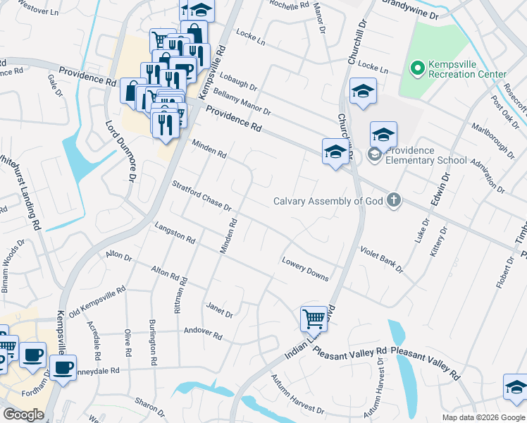 map of restaurants, bars, coffee shops, grocery stores, and more near 5004 Meadow Pines Place in Virginia Beach