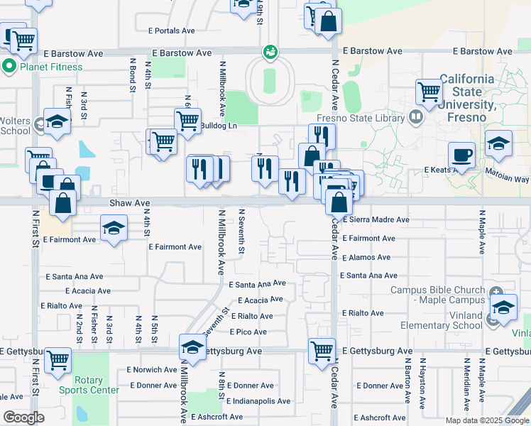 map of restaurants, bars, coffee shops, grocery stores, and more near in Fresno