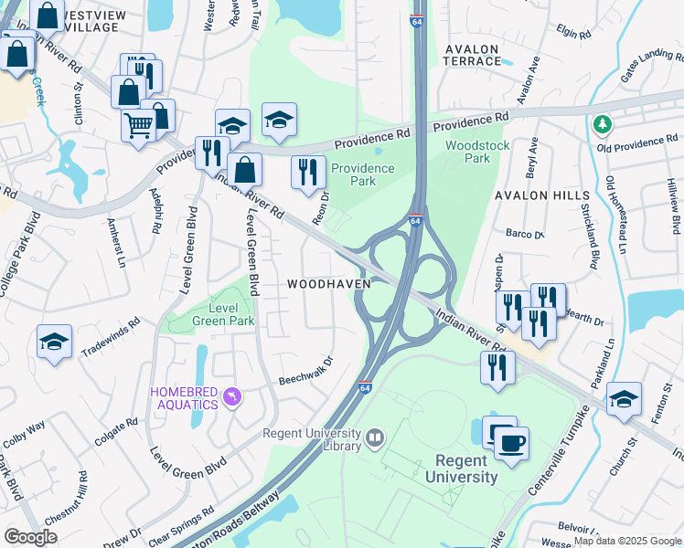 map of restaurants, bars, coffee shops, grocery stores, and more near 5861 Indian River Road in Virginia Beach