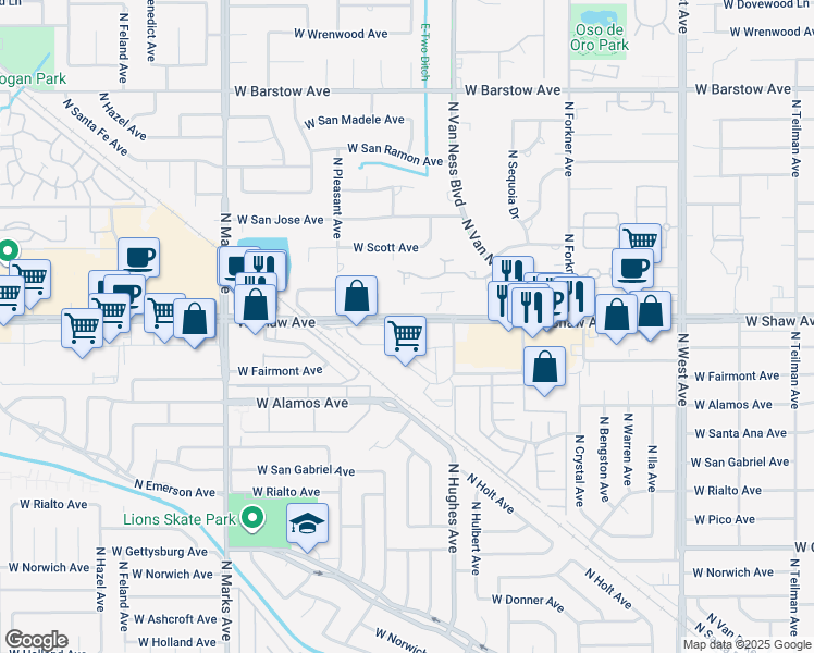 map of restaurants, bars, coffee shops, grocery stores, and more near 2440 West Shaw Avenue in Fresno