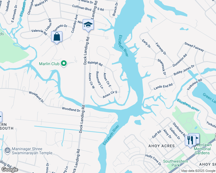 map of restaurants, bars, coffee shops, grocery stores, and more near 1888 Ames Circle East in Chesapeake