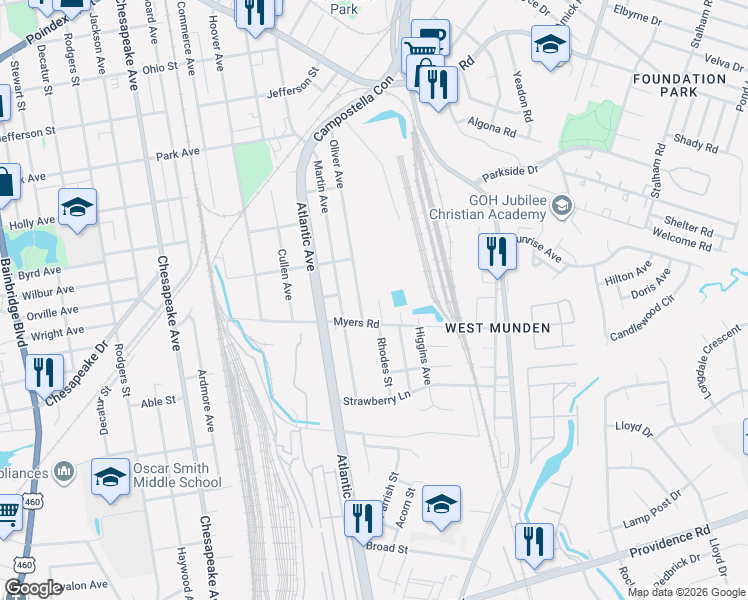 map of restaurants, bars, coffee shops, grocery stores, and more near 1532 Lyons Avenue in Chesapeake