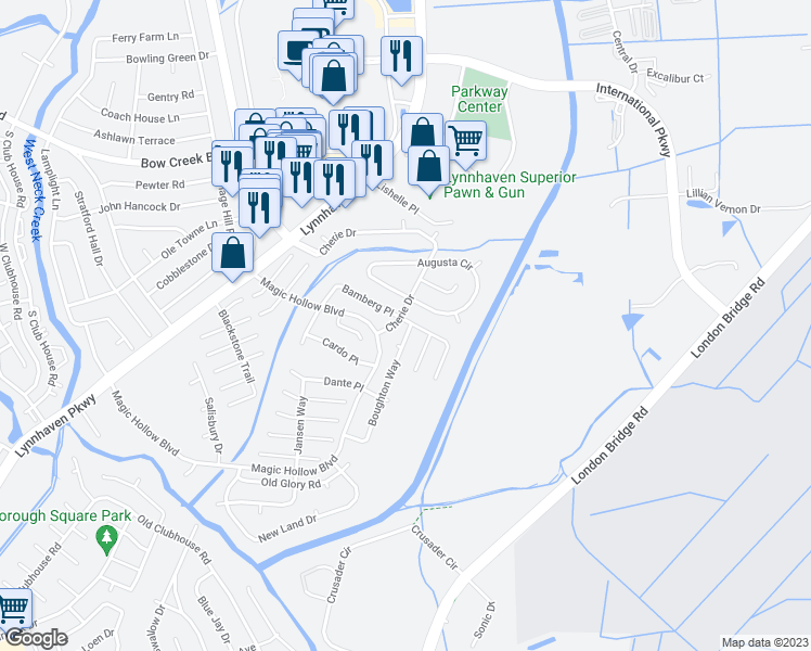 map of restaurants, bars, coffee shops, grocery stores, and more near 901 Boughton Way in Virginia Beach