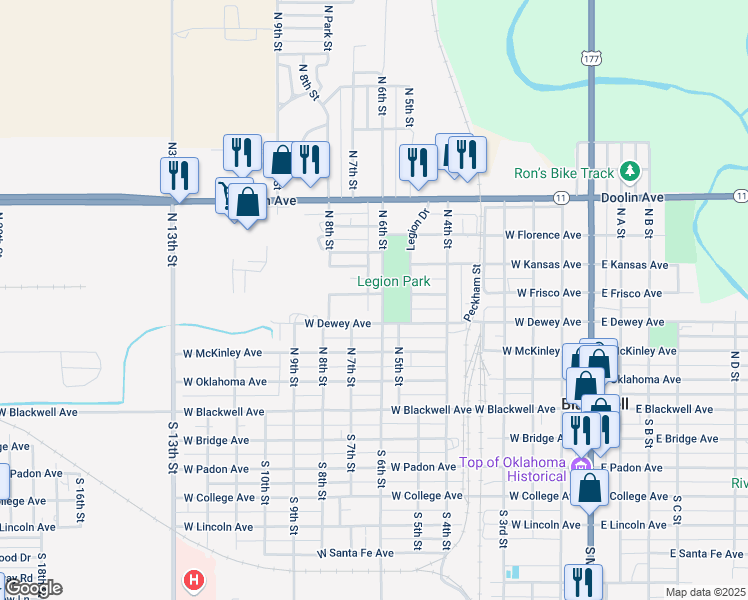 map of restaurants, bars, coffee shops, grocery stores, and more near 723 Edgemere Avenue in Blackwell