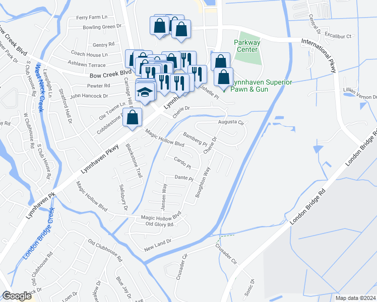 map of restaurants, bars, coffee shops, grocery stores, and more near 2912 Cardini Place in Virginia Beach