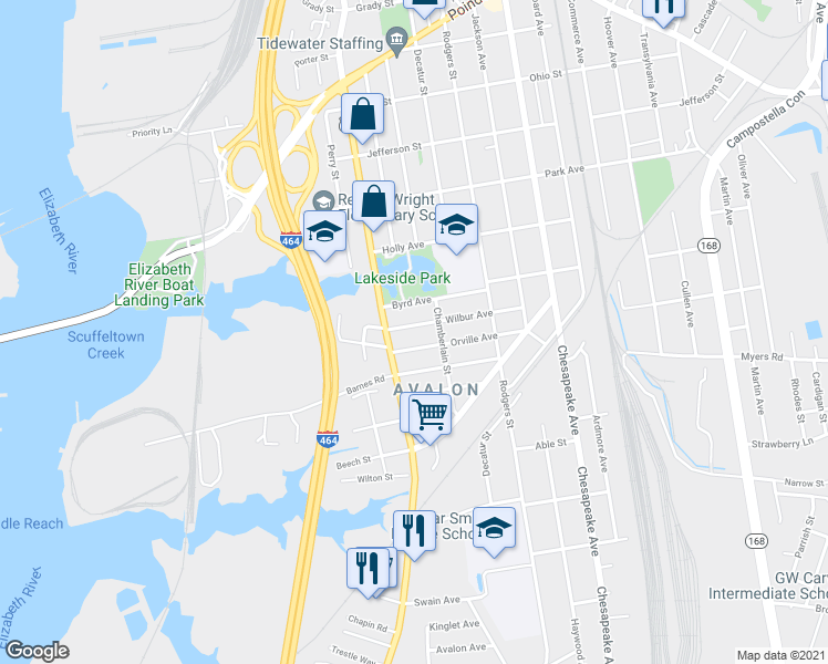 map of restaurants, bars, coffee shops, grocery stores, and more near 824 Wilbur Avenue in Chesapeake