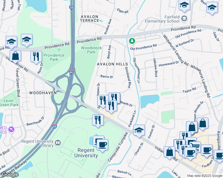map of restaurants, bars, coffee shops, grocery stores, and more near 920 Aspen Drive in Virginia Beach