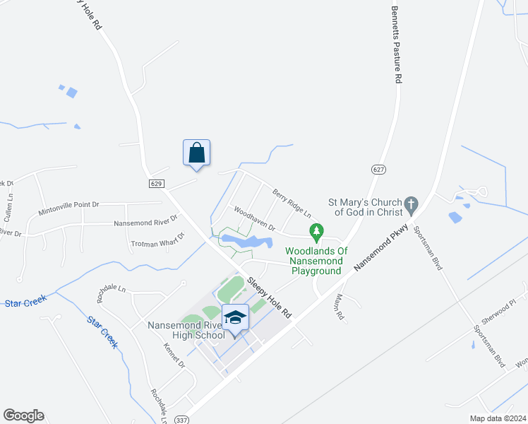 map of restaurants, bars, coffee shops, grocery stores, and more near 106 Sweetbriar Lane in Suffolk