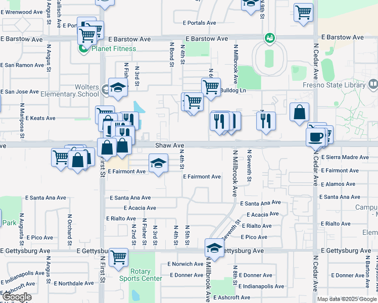 map of restaurants, bars, coffee shops, grocery stores, and more near 1333 E Shaw Ave in Fresno