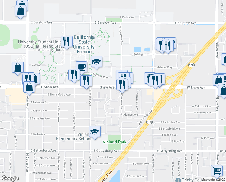 map of restaurants, bars, coffee shops, grocery stores, and more near 4966 North Backer Avenue in Fresno