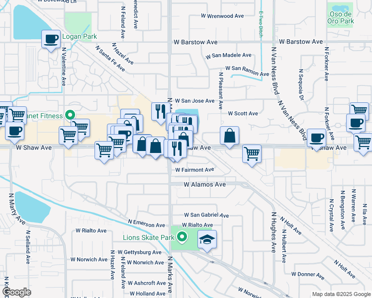 map of restaurants, bars, coffee shops, grocery stores, and more near in Fresno