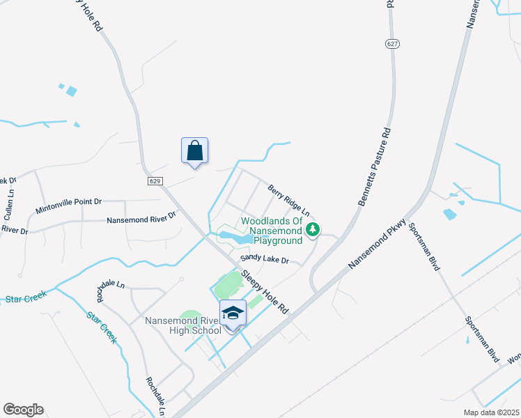 map of restaurants, bars, coffee shops, grocery stores, and more near 106 Sweetbriar Lane in Suffolk
