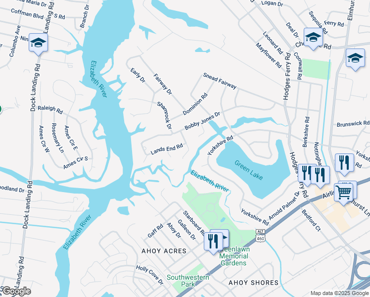 map of restaurants, bars, coffee shops, grocery stores, and more near 408 Leavell Road in Portsmouth
