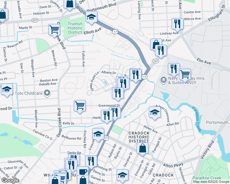 map of restaurants, bars, coffee shops, grocery stores, and more near 303 Ansell Avenue in Portsmouth