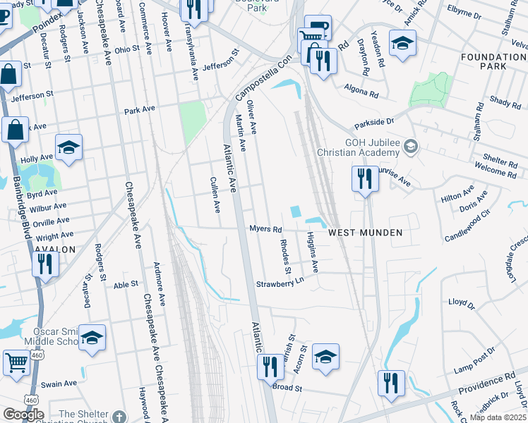map of restaurants, bars, coffee shops, grocery stores, and more near 1821 Martin Avenue in Chesapeake