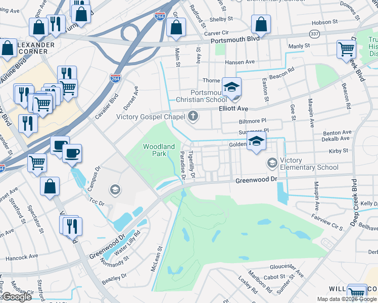 map of restaurants, bars, coffee shops, grocery stores, and more near 302 Milton Court in Portsmouth