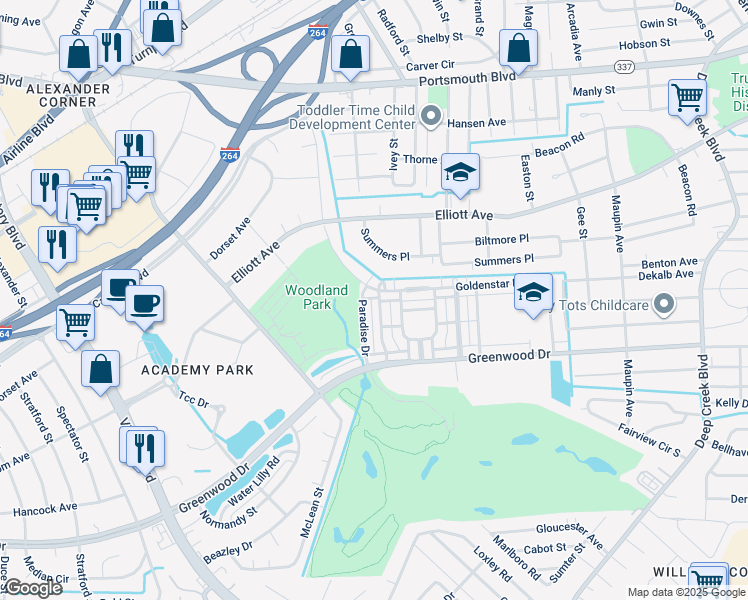 map of restaurants, bars, coffee shops, grocery stores, and more near 302 Milton Court in Portsmouth