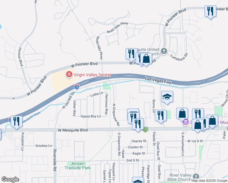 map of restaurants, bars, coffee shops, grocery stores, and more near North Grapevine Road in Mesquite