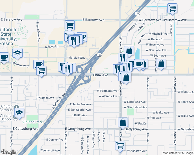 map of restaurants, bars, coffee shops, grocery stores, and more near 1530 West Shaw Avenue in Clovis