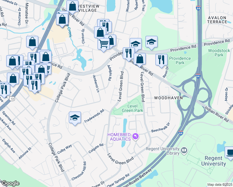 map of restaurants, bars, coffee shops, grocery stores, and more near 1009 Lockwood Court in Virginia Beach