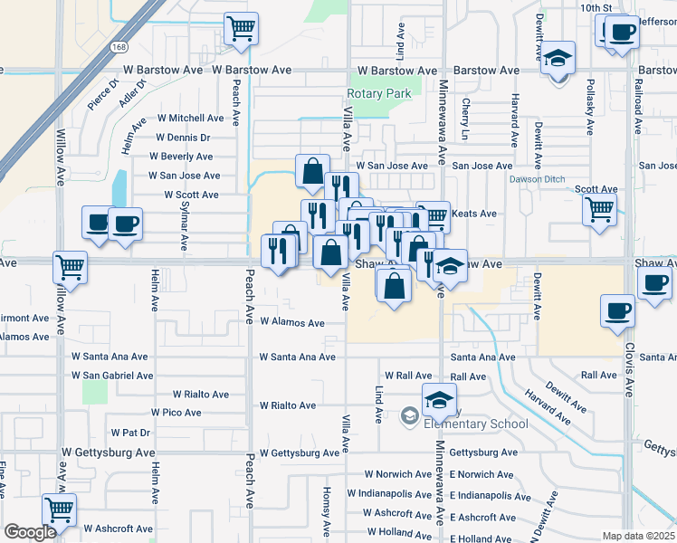 map of restaurants, bars, coffee shops, grocery stores, and more near in Clovis