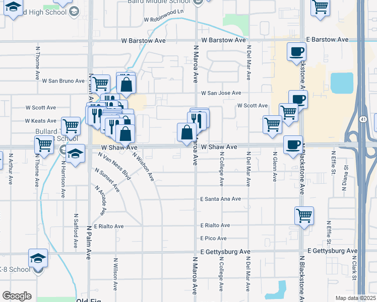 map of restaurants, bars, coffee shops, grocery stores, and more near 422 West Shaw Avenue in Fresno
