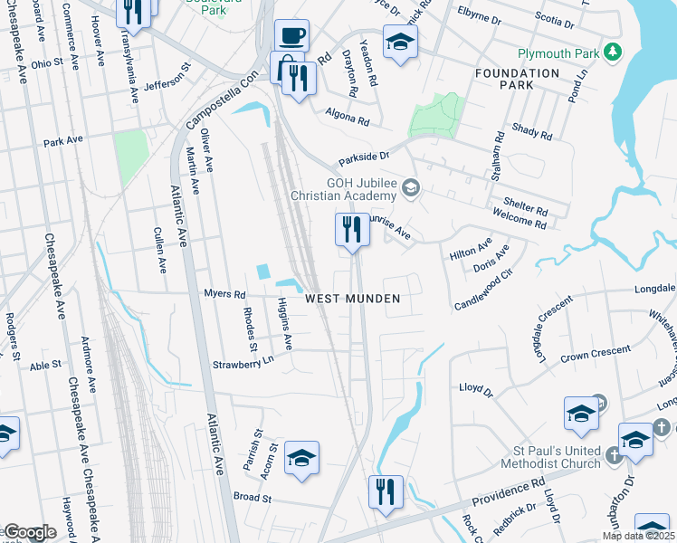 map of restaurants, bars, coffee shops, grocery stores, and more near 2405 Emmerson Street in Chesapeake