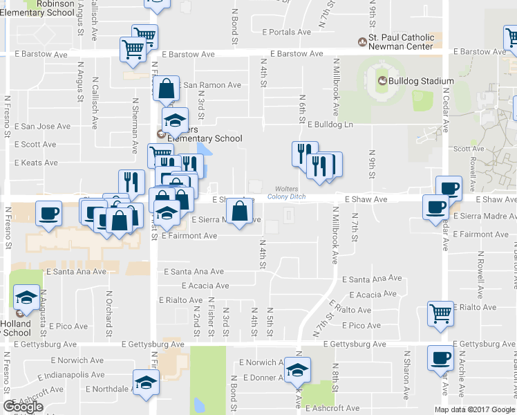 map of restaurants, bars, coffee shops, grocery stores, and more near 1289 East Shaw Avenue in Fresno