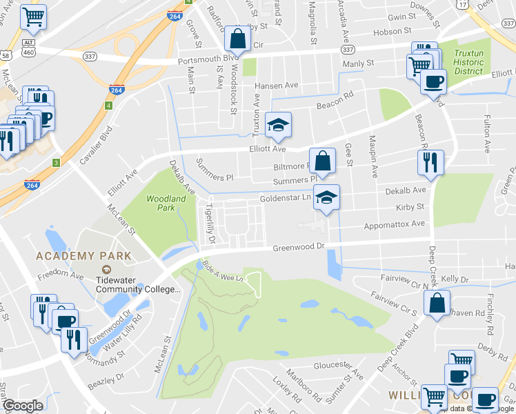 map of restaurants, bars, coffee shops, grocery stores, and more near 287 Foxglove Drive in Portsmouth