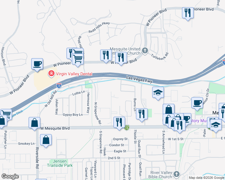 map of restaurants, bars, coffee shops, grocery stores, and more near 311 Sun Valley Drive in Mesquite