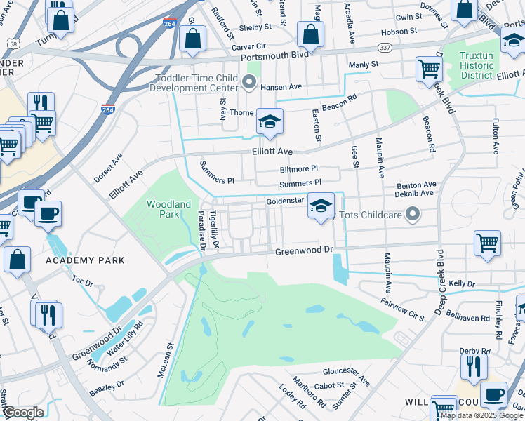 map of restaurants, bars, coffee shops, grocery stores, and more near 287 Foxglove Drive in Portsmouth