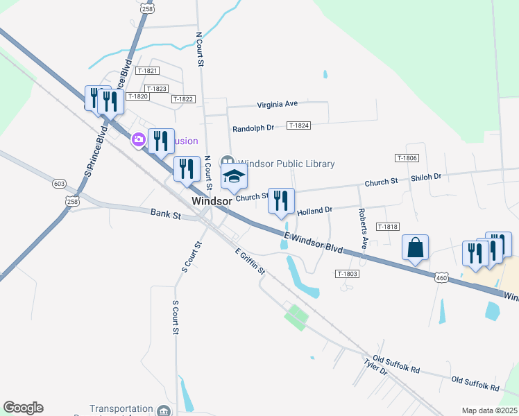 map of restaurants, bars, coffee shops, grocery stores, and more near 19 Church Street in Windsor