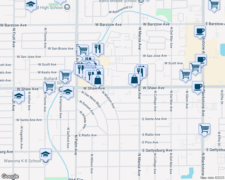 map of restaurants, bars, coffee shops, grocery stores, and more near in Fresno County
