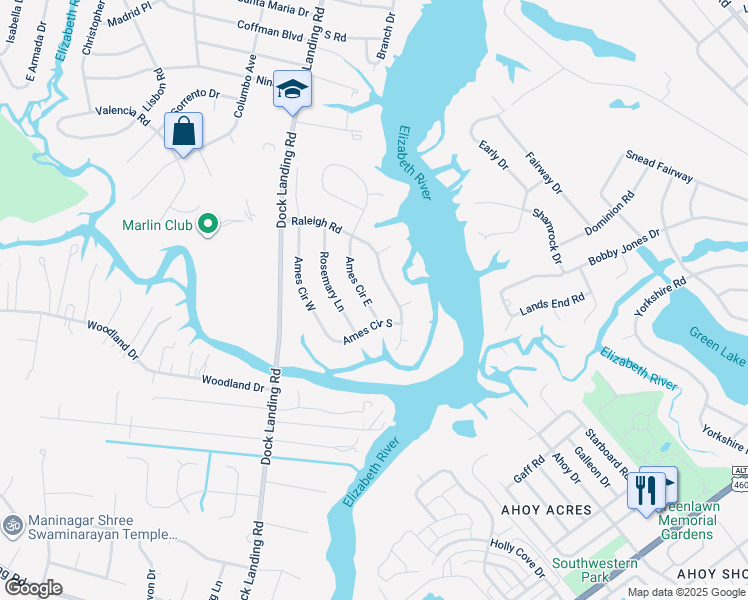 map of restaurants, bars, coffee shops, grocery stores, and more near 1889 Ames Circle East in Chesapeake