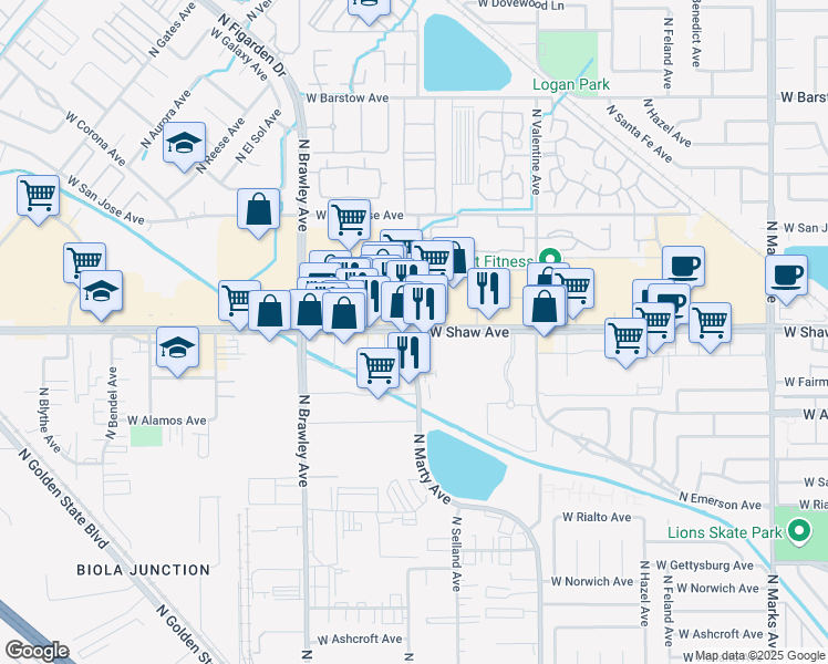 map of restaurants, bars, coffee shops, grocery stores, and more near 3604 W Shaw Ave in Fresno