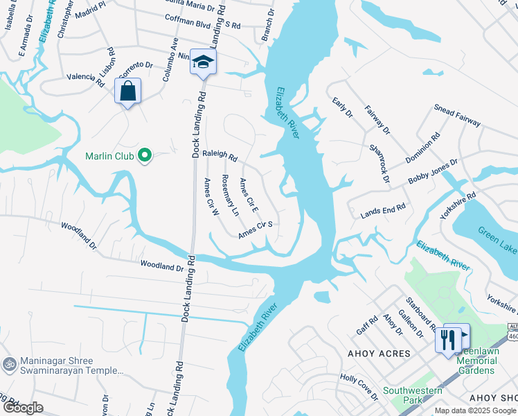 map of restaurants, bars, coffee shops, grocery stores, and more near 1889 Ames Circle East in Chesapeake